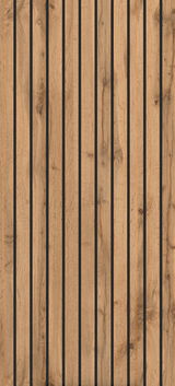 Frontansicht eines Midischranks mit vertikalen Holzlatten und dunklen Fugen.