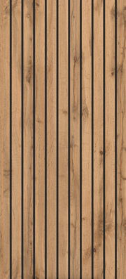 Frontansicht eines Midischranks mit vertikalen Holzlatten und dunklen Fugen.