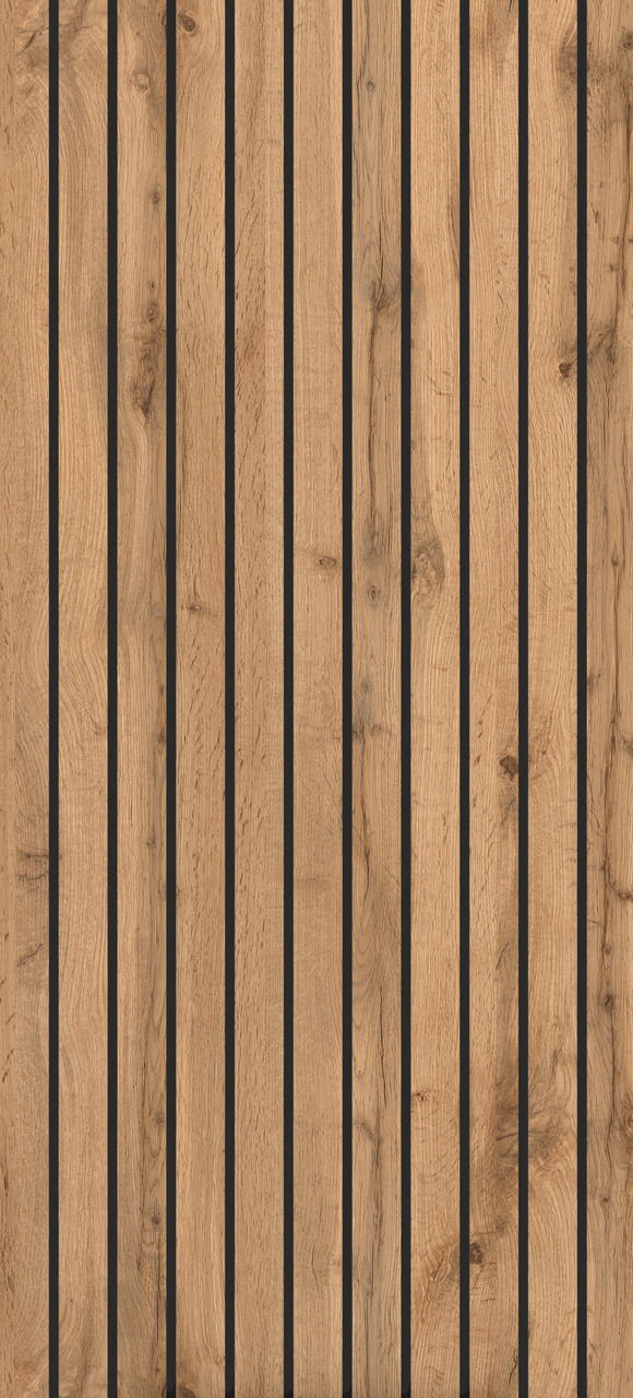 Frontansicht eines Midischranks mit vertikalen Holzlatten und dunklen Fugen.