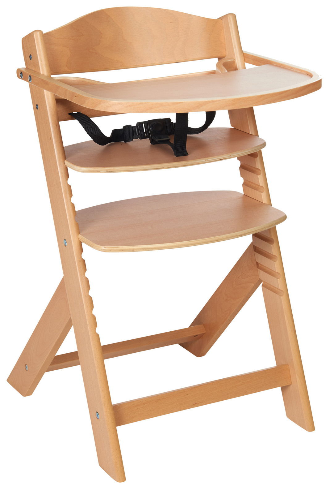 Hochstuhl aus Holz mit verstellbarer Sitzfläche und Sicherheitsgurt, seitliche Perspektive