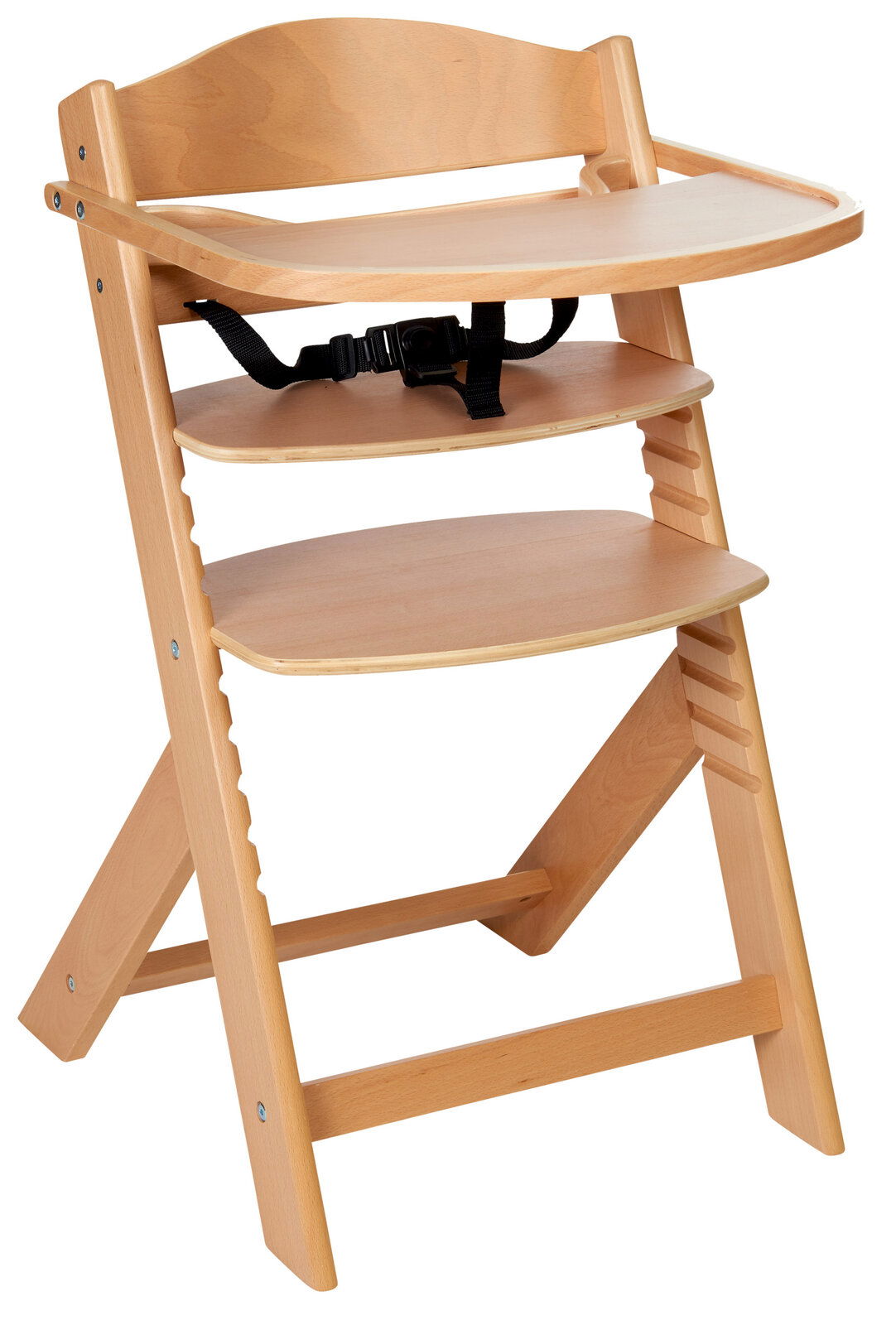 Hochstuhl aus Holz mit verstellbarer Sitzfläche und Sicherheitsgurt, seitliche Perspektive