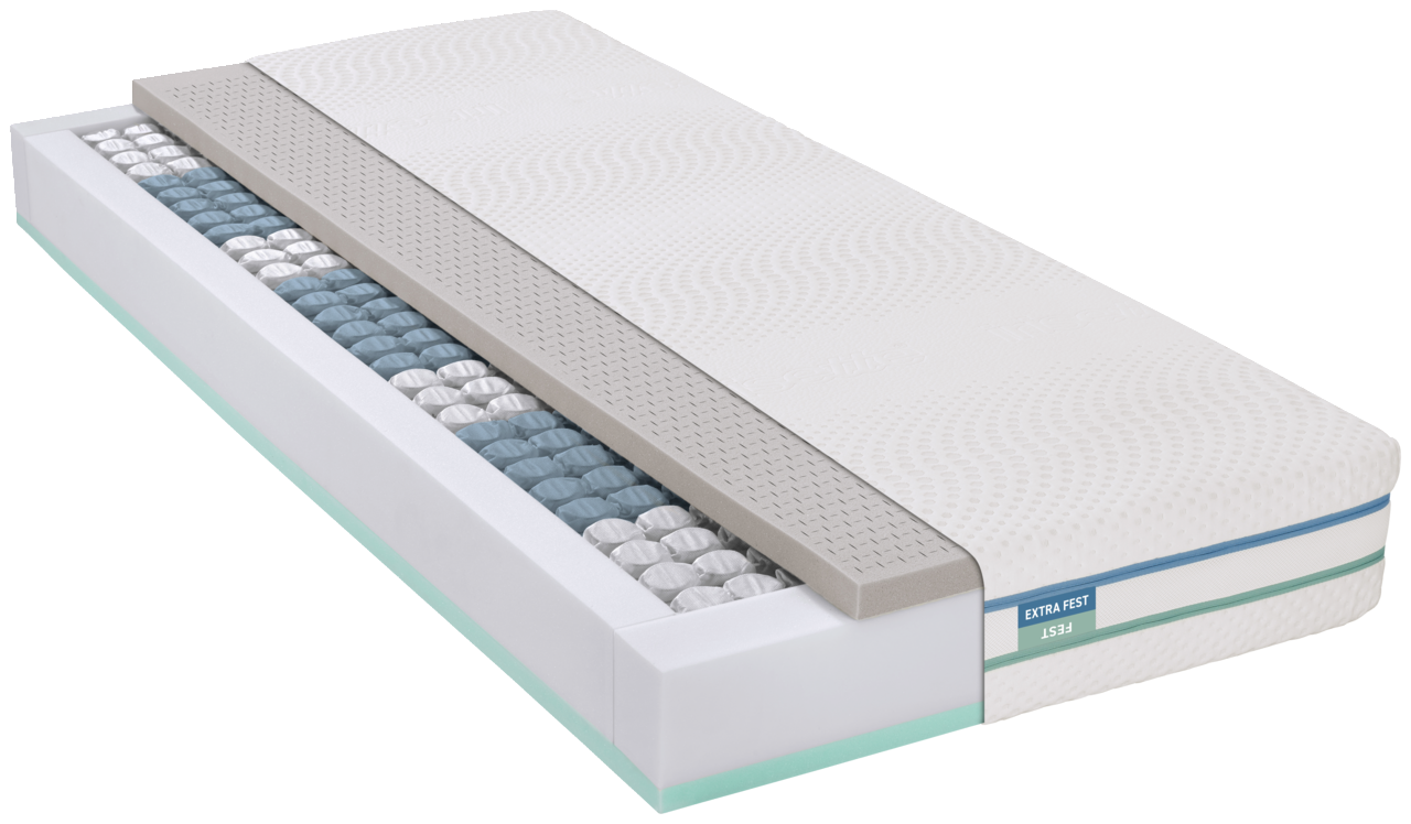 Querschnitt einer Matratze 140x200 cm, fest und extra fest, mit sichtbaren Schichten und Federkern.