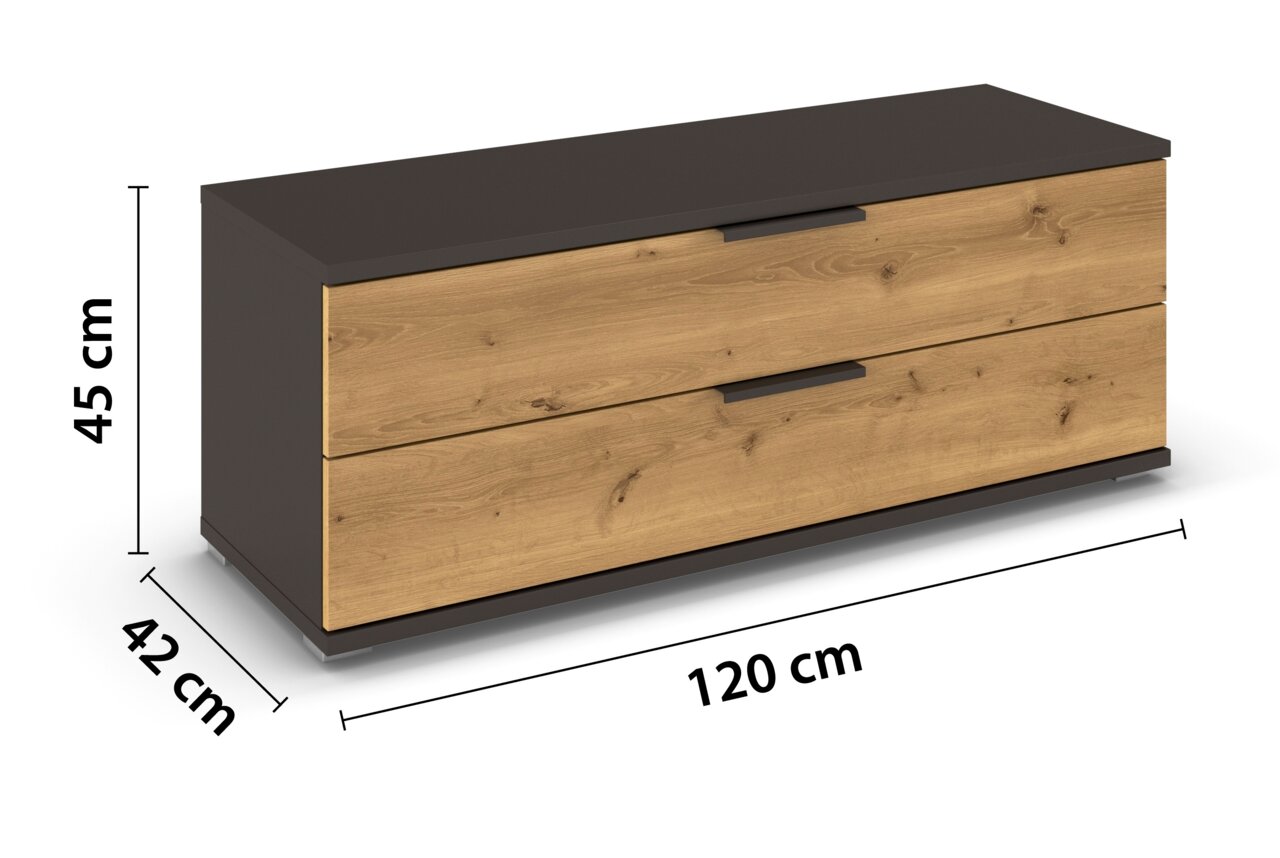 TV-Element oder Kommode aus Holz mit zwei Schubladen, Maße 120 cm x 45 cm x 42 cm, seitliche Perspektive