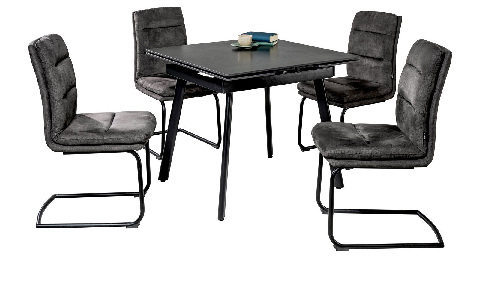 Moderner Esstisch mit vier gepolsterten Stühlen in dunklem Grau, seitliche Perspektive.