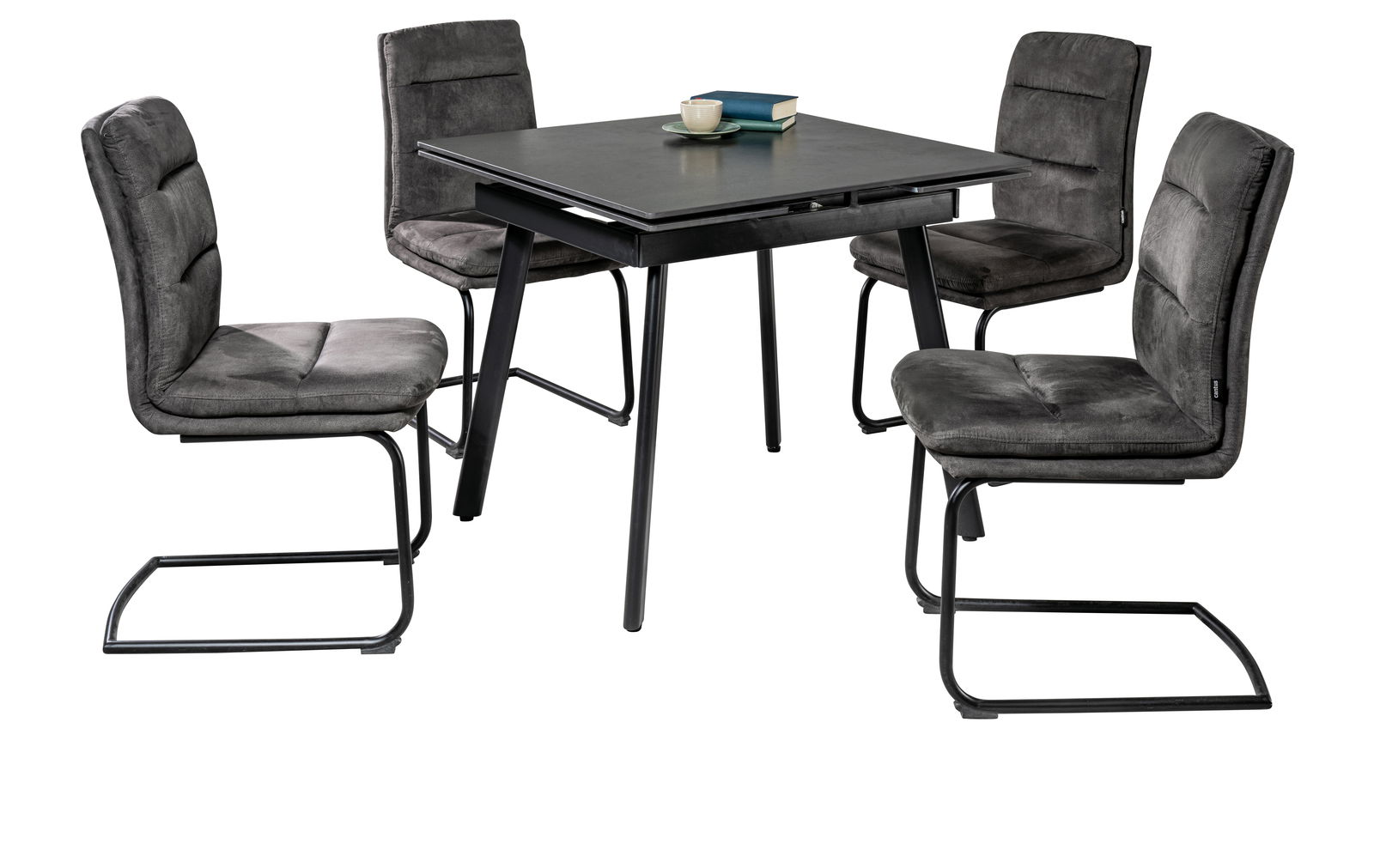 Novel Esstisch MAILAND Moderner Esstisch mit vier gepolsterten Stühlen in dunklem Grau, seitliche Perspektive.