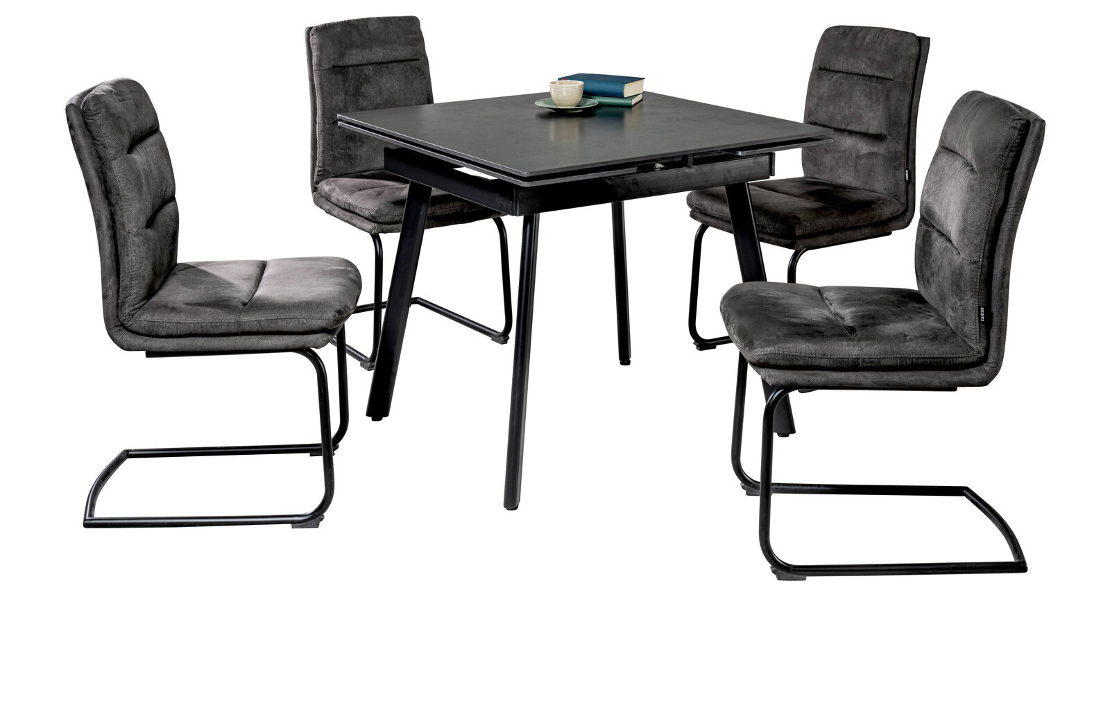 Moderner Esstisch mit vier gepolsterten Stühlen in dunklem Grau, seitliche Perspektive.