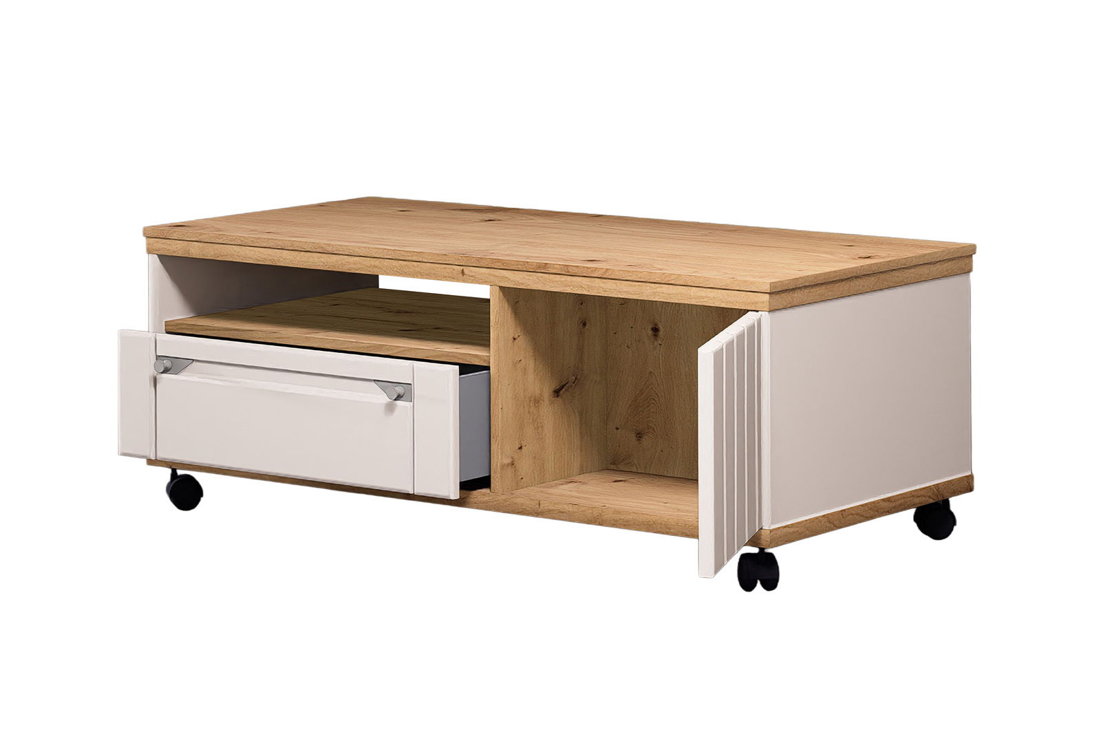 Moderner Couchtisch mit Holzoberfläche und weißen Elementen, seitliche Perspektive