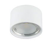 Weiße zylindrische Deckenleuchte aus Metall, frontal von unten betrachtet, mit sichtbarem Reflektor.