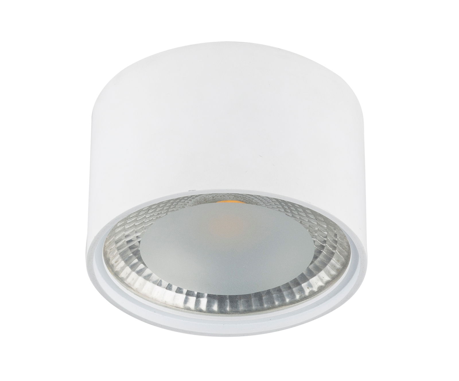 Weiße zylindrische Deckenleuchte aus Metall, frontal von unten betrachtet, mit sichtbarem Reflektor.