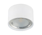 Weiße zylindrische Deckenleuchte aus Metall, frontal von unten betrachtet, mit sichtbarem Reflektor.