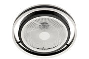 Moderner Deckenventilator in Schwarz und Weiß, von unten betrachtet, mit einem stilvollen, runden Design.