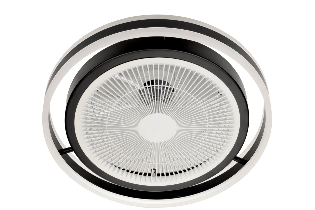 Moderner Deckenventilator in Schwarz und Weiß, von unten betrachtet, mit einem stilvollen, runden Design.