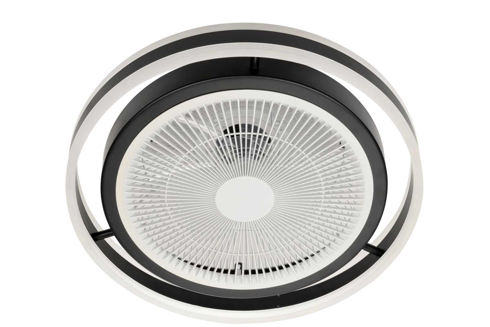 Moderner Deckenventilator in Schwarz und Weiß, von unten betrachtet, mit einem stilvollen, runden Design.
