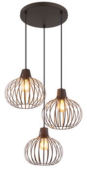 Dreiflammige Hängeleuchte mit modernen, käfigartigen Lampenschirmen aus Metall, von unten betrachtet.