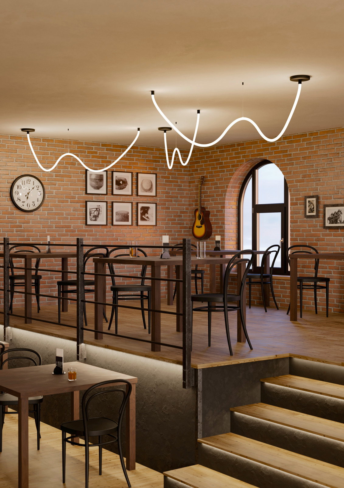 LED-Lichtschlauch in einem gemütlichen Café mit Backsteinwänden und Holzmöbeln, aus der Perspektive von unten betrachtet.