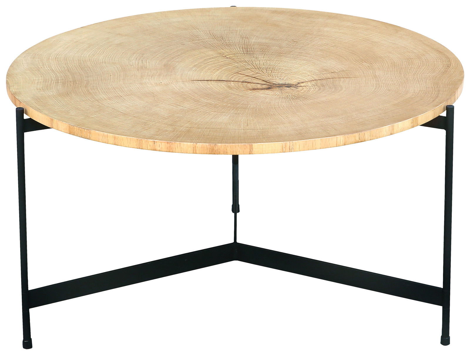 Runder Couchtisch mit Holzplatte und schwarzem Metallgestell, Frontalansicht