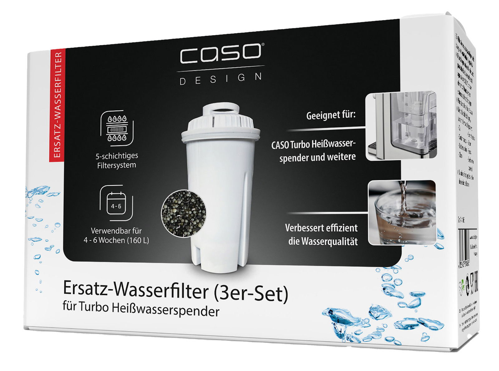 Ersatz-Wasserfilter 3er-Set für Turbo Heißwasserspender, seitliche Perspektive, zeigt Filterkartusche und Verpackung mit Details zum 5-schichtigen Filtersystem und Anwendungsdauer.