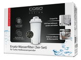 Ersatz-Wasserfilter 3er-Set für Turbo Heißwasserspender, seitliche Perspektive, zeigt Filterkartusche und Verpackung mit Details zum 5-schichtigen Filtersystem und Anwendungsdauer.