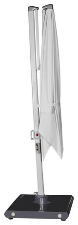 Geschlossener Pendelschirm in aufrechter Position mit stabilem Standfuß, seitliche Perspektive