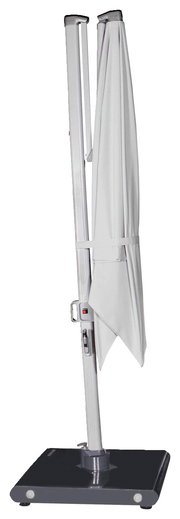 Geschlossener Pendelschirm in aufrechter Position mit stabilem Standfuß, seitliche Perspektive