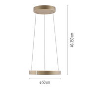 Moderne LED-Pendelleuchte in goldener Farbe, seitliche Perspektive, Durchmesser 50 cm, höhenverstellbar von 40 bis 350 cm.