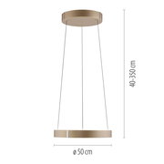 Moderne LED-Pendelleuchte in goldener Farbe, seitliche Perspektive, Durchmesser 50 cm, höhenverstellbar von 40 bis 350 cm.