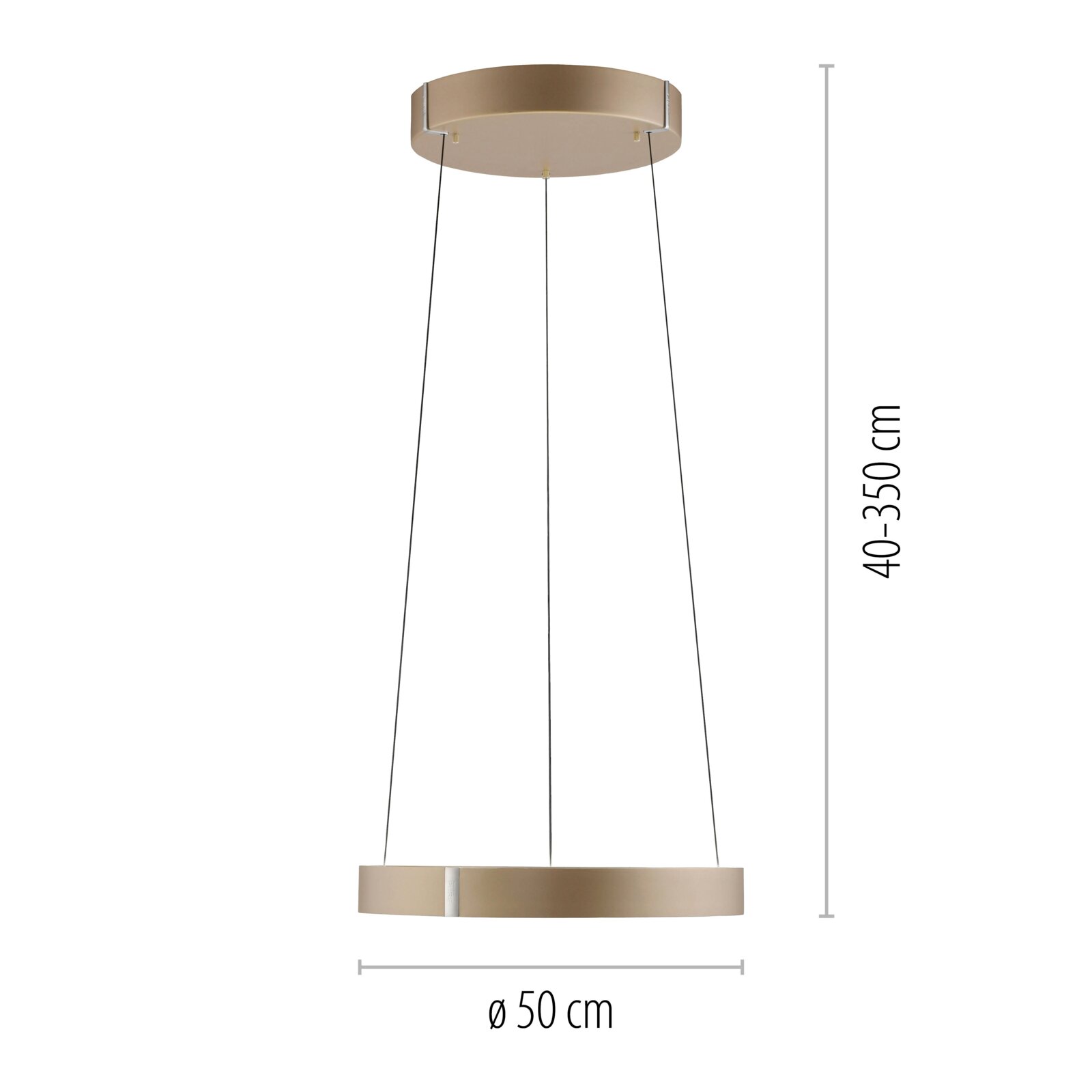 Moderne LED-hanglamp in goudkleur, zijaanzicht, diameter 50 cm, in hoogte verstelbaar van 40 tot 350 cm.