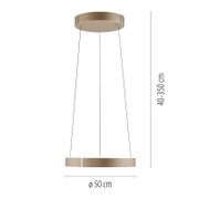 Moderne LED-hanglamp in goudkleur, zijaanzicht, diameter 50 cm, in hoogte verstelbaar van 40 tot 350 cm.