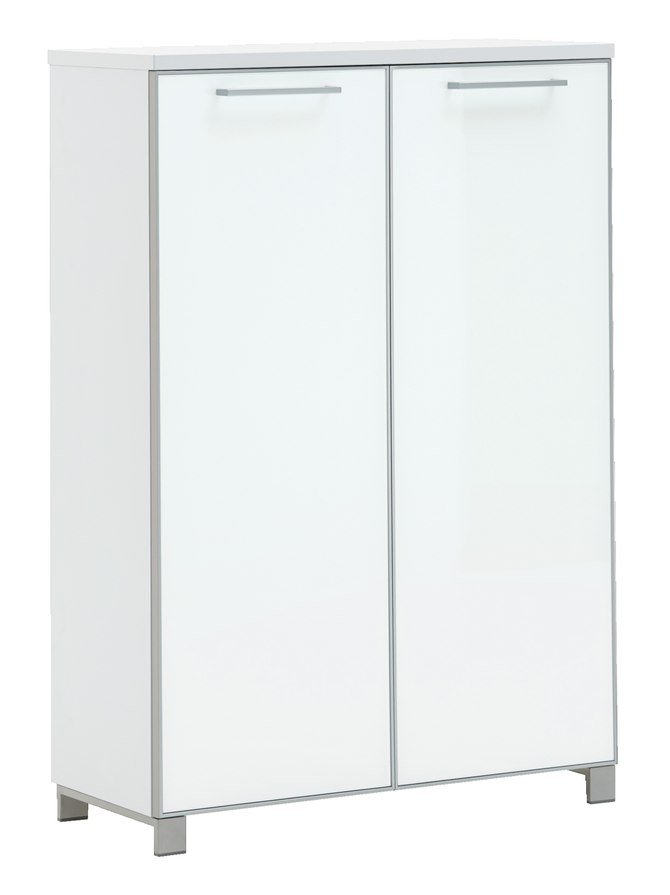 VOSS Hoch-Schuhkommode SANTINA Weiße Hoch-Schuhkommode mit zwei Türen, frontal abgebildet, mit silbernen Griffen und modernem Design.