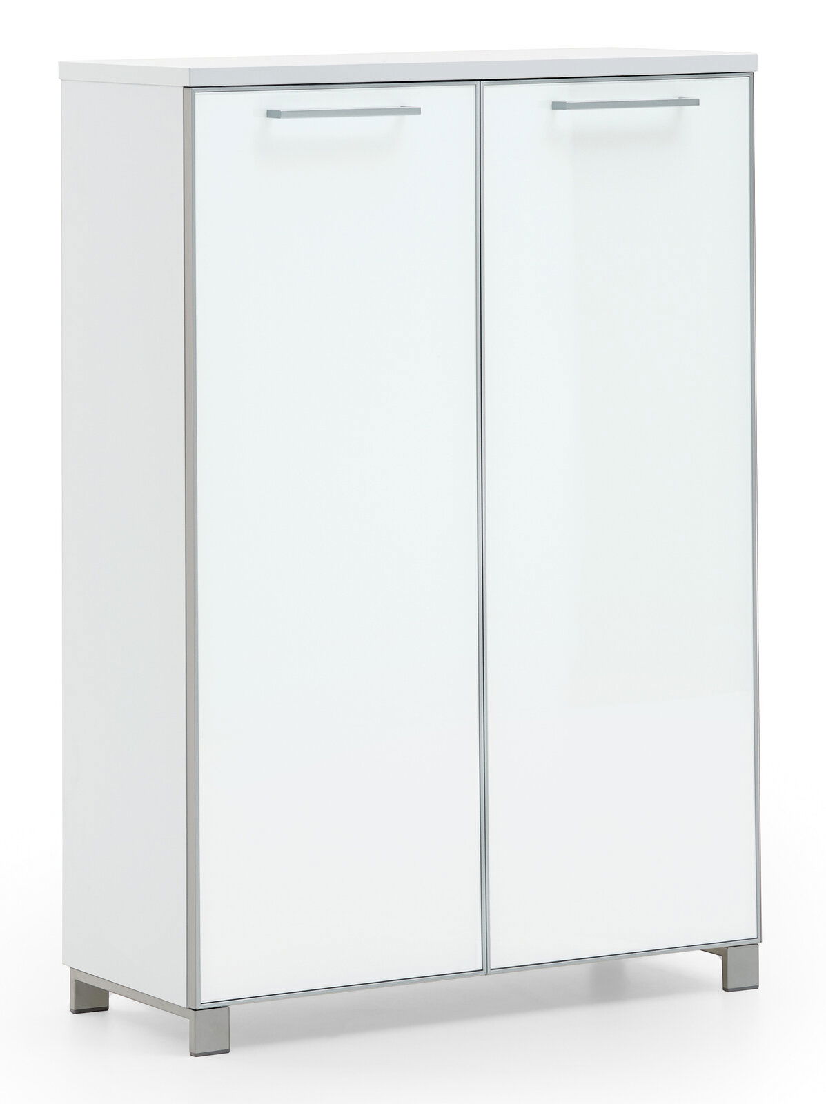 VOSS Hoch-Schuhkommode SANTINA Weiße Hoch-Schuhkommode mit zwei Türen, frontal abgebildet, mit silbernen Griffen und modernem Design.
