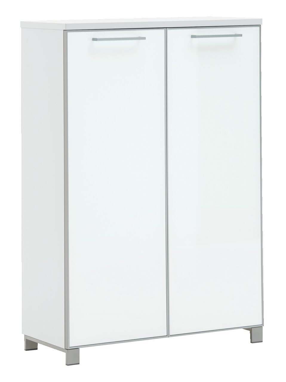 VOSS Hoch-Schuhkommode SANTINA Weiße Hoch-Schuhkommode mit zwei Türen, frontal abgebildet, mit silbernen Griffen und modernem Design.