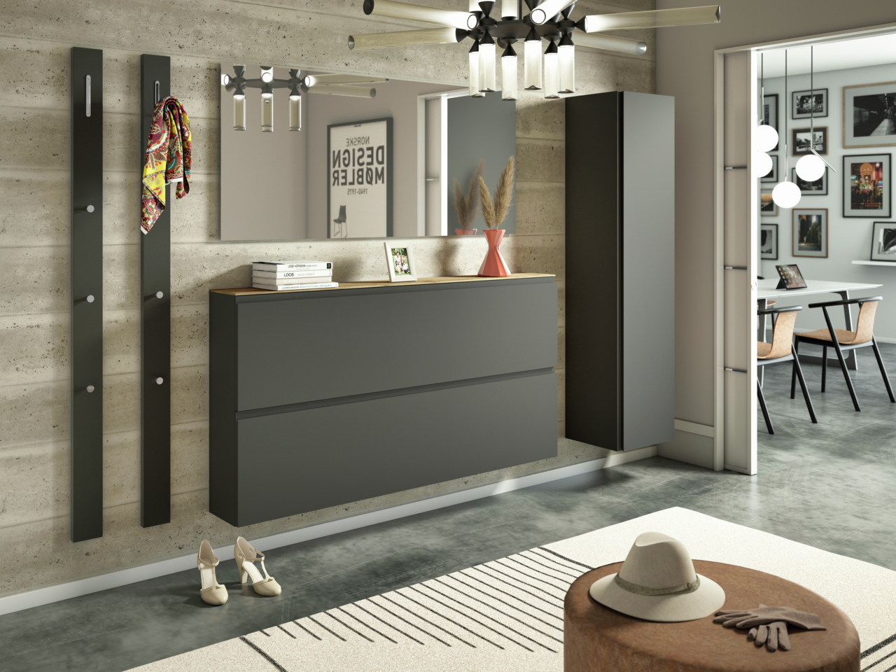 Moderano Garderoben-Set LECCO Moderne Garderobenset mit Hängeschuhschrank und Spiegel in einem stilvollen Flur, seitliche Perspektive.