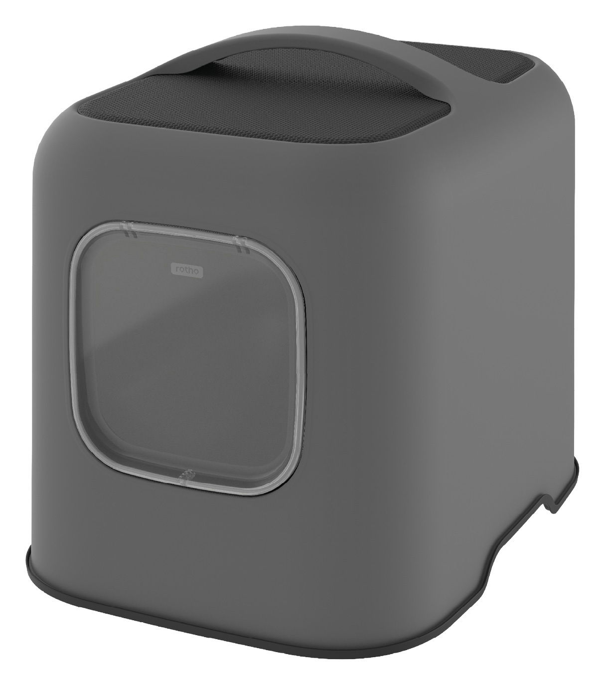 Graue Katzentoilette mit Tragegriff, seitliche Perspektive