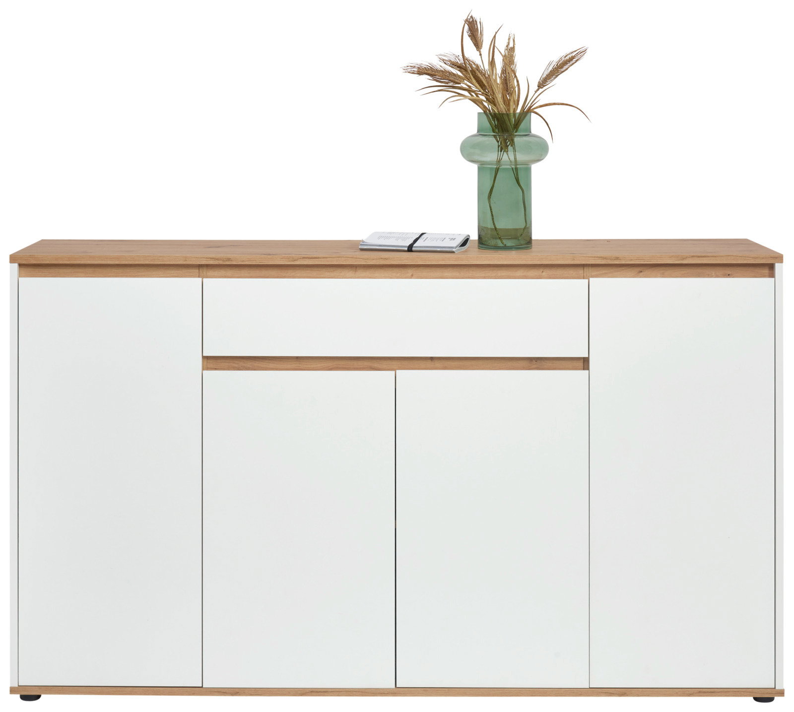 Frontansicht eines XL-Sideboards mit weißer Front und Holzoberfläche, dekoriert mit einer grünen Vase und einem Buch.