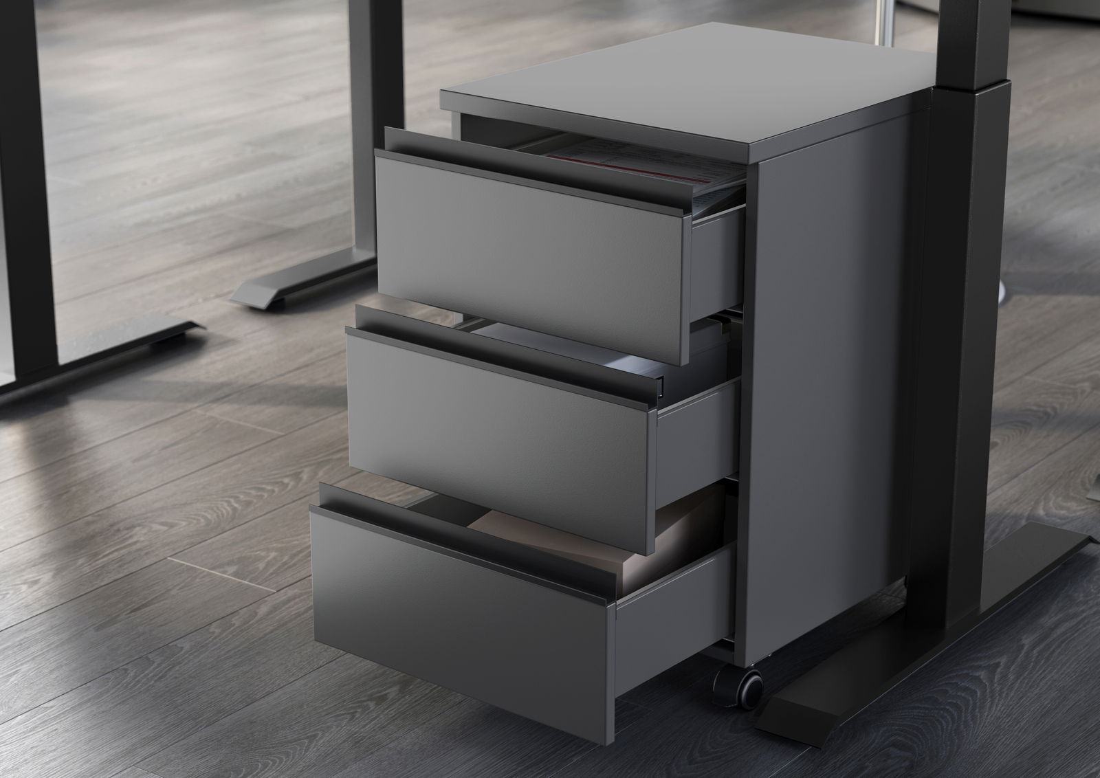 Moderner Rollcontainer mit drei offenen Schubladen, seitliche Perspektive