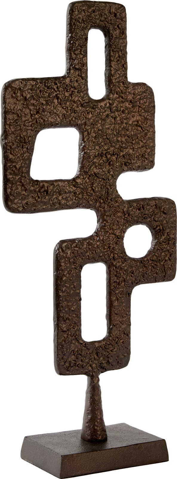 Abstract metalen sculptuur in donkerbrons met geometrische openingen op een rechthoekige voet, gezien schuin van voren