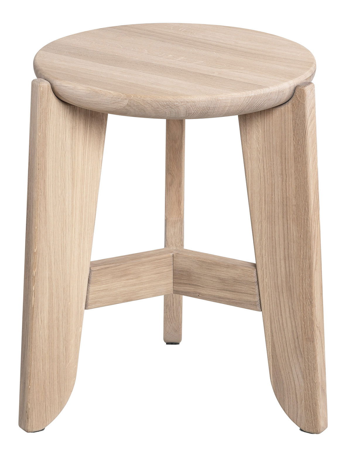 Holzhocker mit runder Sitzfläche und drei Beinen, Frontalansicht