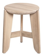 Holzhocker mit runder Sitzfläche und drei Beinen, Frontalansicht