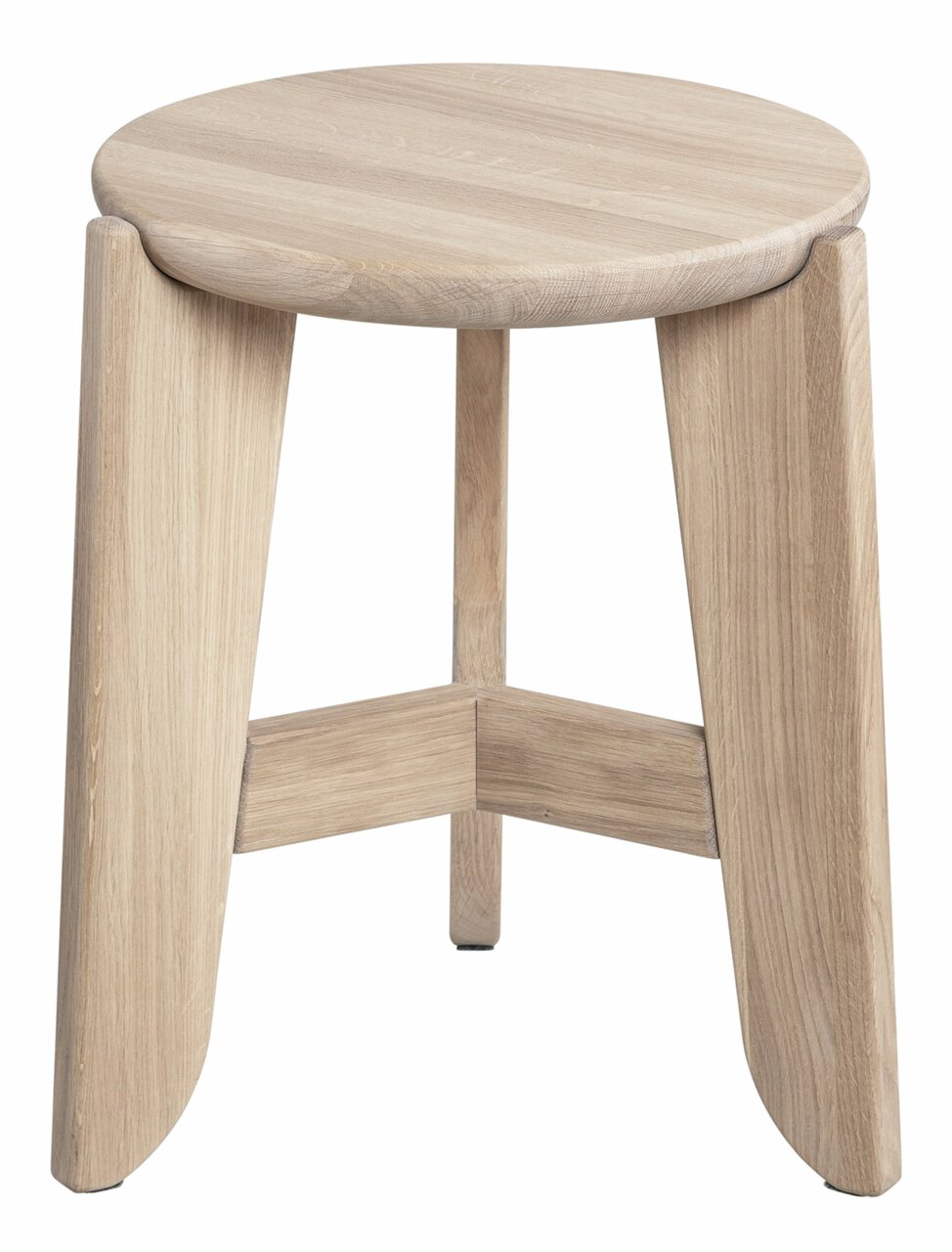 Holzhocker mit runder Sitzfläche und drei Beinen, Frontalansicht