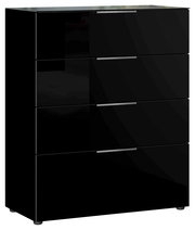 Schwarze Schubkastenkommode mit vier Schubladen, glänzende Oberfläche, seitliche Perspektive