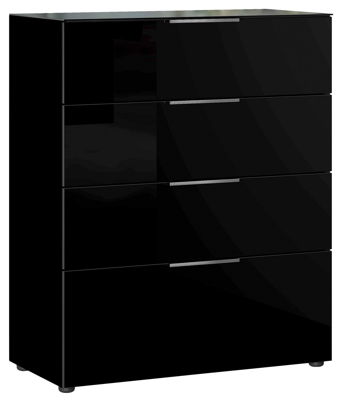 Schwarze Schubkastenkommode mit vier Schubladen, glänzende Oberfläche, seitliche Perspektive