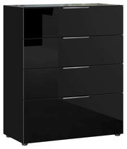 Schwarze Schubkastenkommode mit vier Schubladen, glänzende Oberfläche, seitliche Perspektive