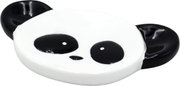 Panda-Kopf in Schwarz-Weiß als flache, glänzende Figur, schräg von oben in Frontansicht fotografiert