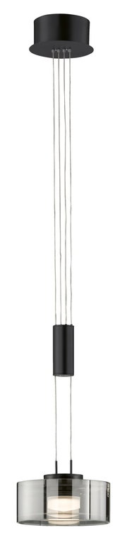 Moderne Pendelleuchte Lavin in schwarzem Design, von unten nach oben fotografiert, mit transparentem Lampenschirm und mehreren Kabeln.