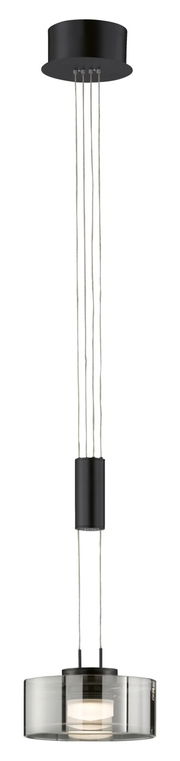 Moderne Pendelleuchte Lavin in schwarzem Design, von unten nach oben fotografiert, mit transparentem Lampenschirm und mehreren Kabeln.