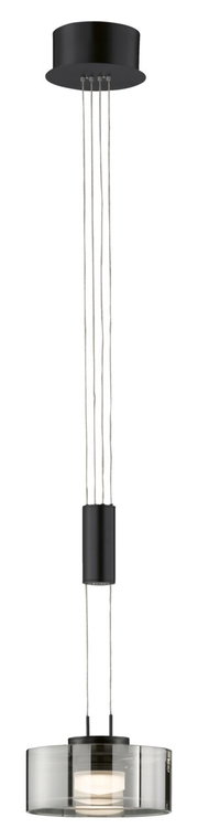 Moderne Pendelleuchte Lavin in schwarzem Design, von unten nach oben fotografiert, mit transparentem Lampenschirm und mehreren Kabeln.