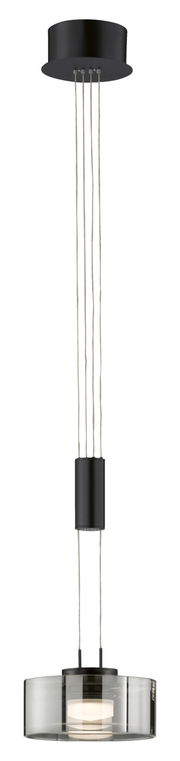 Moderne Pendelleuchte Lavin in schwarzem Design, von unten nach oben fotografiert, mit transparentem Lampenschirm und mehreren Kabeln.