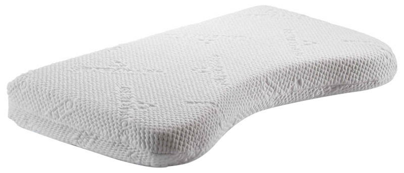 Seitliche Ansicht eines weißen, ergonomisch geformten Kissens mit strukturierter Oberfläche, Modell GELTEX FLAT 70 x 35.