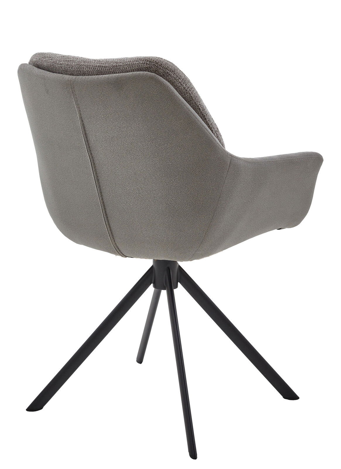 Valnatura Armlehnstuhl MANADO Rückansicht eines grauen Armlehnstuhls mit schwarzem Metallgestell und gepolsterter Sitzfläche.