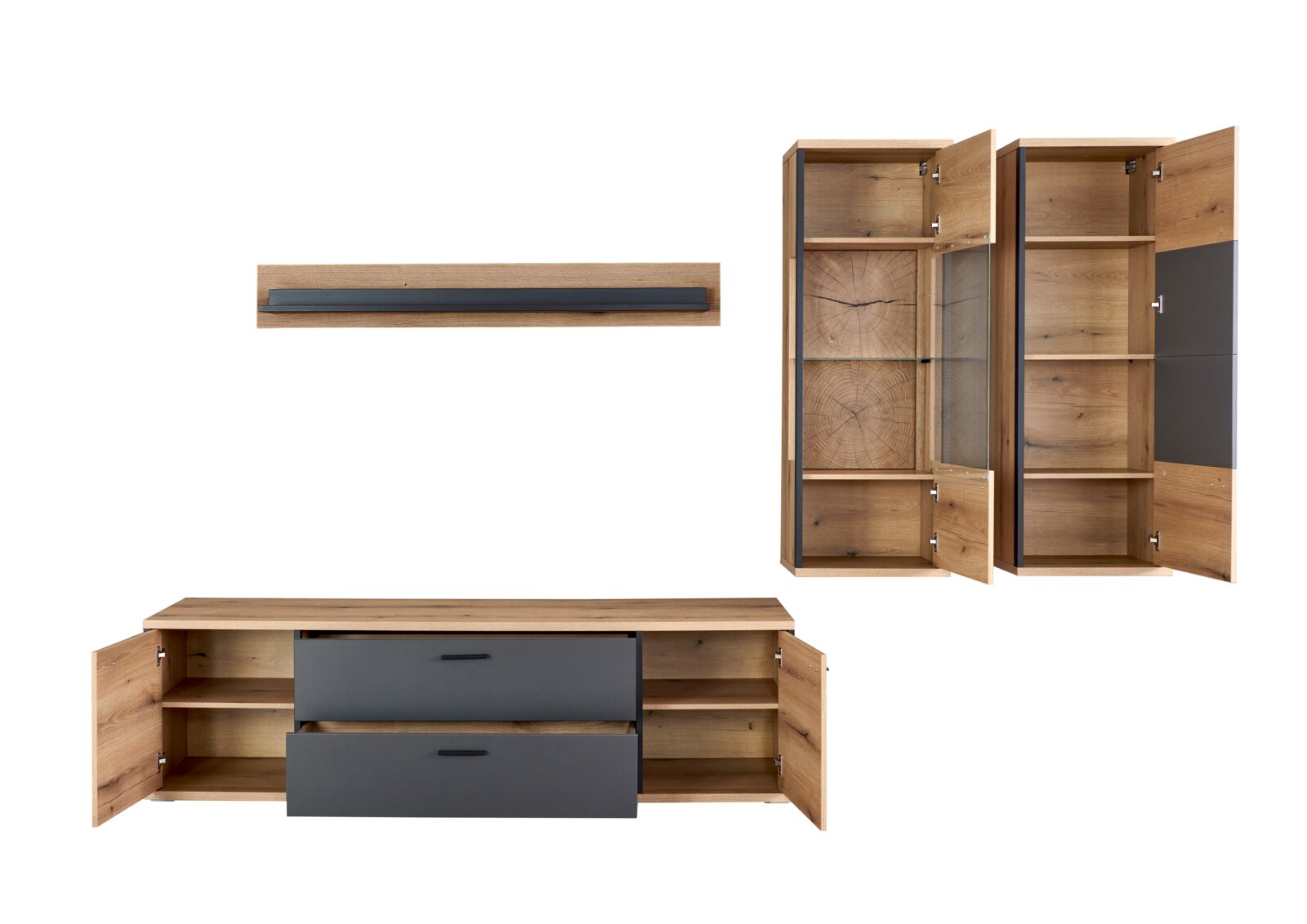 Wohnzimmermöbel-Set aus Holz in Eichenoptik mit Anthrazit-Fronten: Lowboard mit zwei Schubladen und offenen Fächern, zwei hohe Vitrinenschränke mit Glas- und Holztüren sowie Wandboard, alle Türen geöffnet; Perspektive: frontale Ansicht